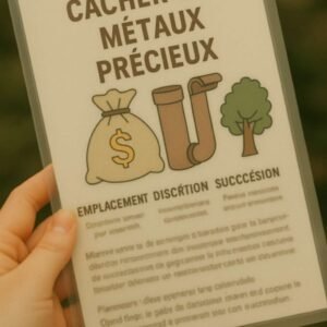 Fiche plastifiée "Cacher ses métaux précieux" tenue en main, avec illustrations floutées pour préserver le contenu confidentiel.