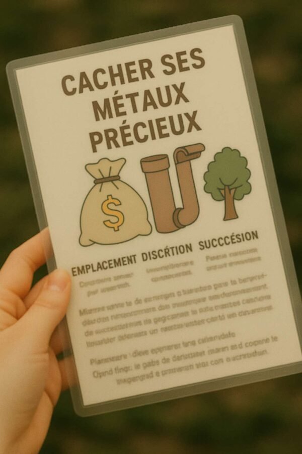 Fiche plastifiée "Cacher ses métaux précieux" tenue en main, avec illustrations floutées pour préserver le contenu confidentiel.