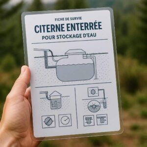 Photographie d’une fiche de survie plastifiée montrant comment aménager une citerne enterrée, tenue en main, en extérieur, avec des schémas techniques sur fond naturel