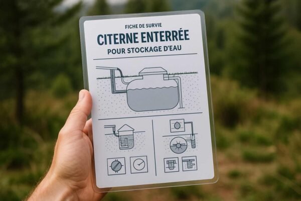 Photographie d’une fiche de survie plastifiée montrant comment aménager une citerne enterrée, tenue en main, en extérieur, avec des schémas techniques sur fond naturel