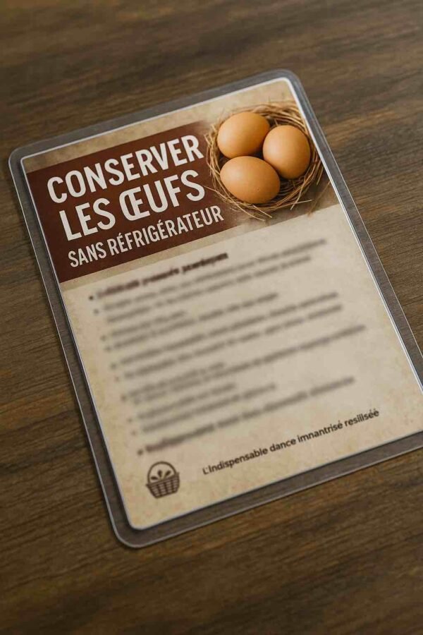 Photographie d’une fiche de survie plastifiée avec le titre “Conserver les œufs sans réfrigérateur”, posée sur un plan de travail rustique, avec panier d’œufs en arrière-plan, contenu volontairement flouté pour éviter la lisibilité détaillée