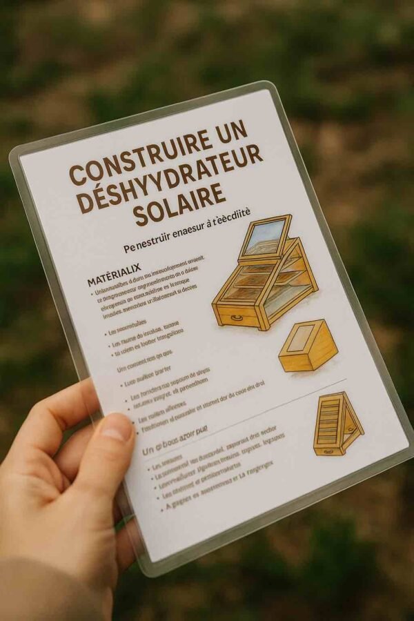 Photographie d’une fiche plastifiée en français intitulée "Construire un déshydrateur solaire", tenue en extérieur par une main, avec illustrations et contenu technique légèrement flouté pour éviter la lisibilité détaillée