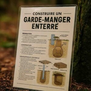 Photographie d’une fiche de survie plastifiée en français avec le titre visible « Construire un garde-manger enterré », posée sur de la terre ou des planches de chantier, avec le contenu rendu illisible pour éviter toute lecture directe