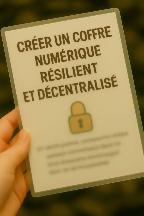 Main tenant une fiche plastifiée “Créer un coffre numérique résilient et décentralisé” avec texte flouté et pictogramme cadenas