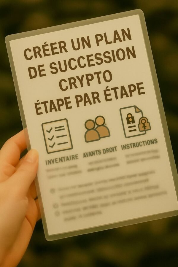 Fiche plastifiée tenue à la main, illustrant un guide de succession crypto avec texte flouté pour la confidentialité