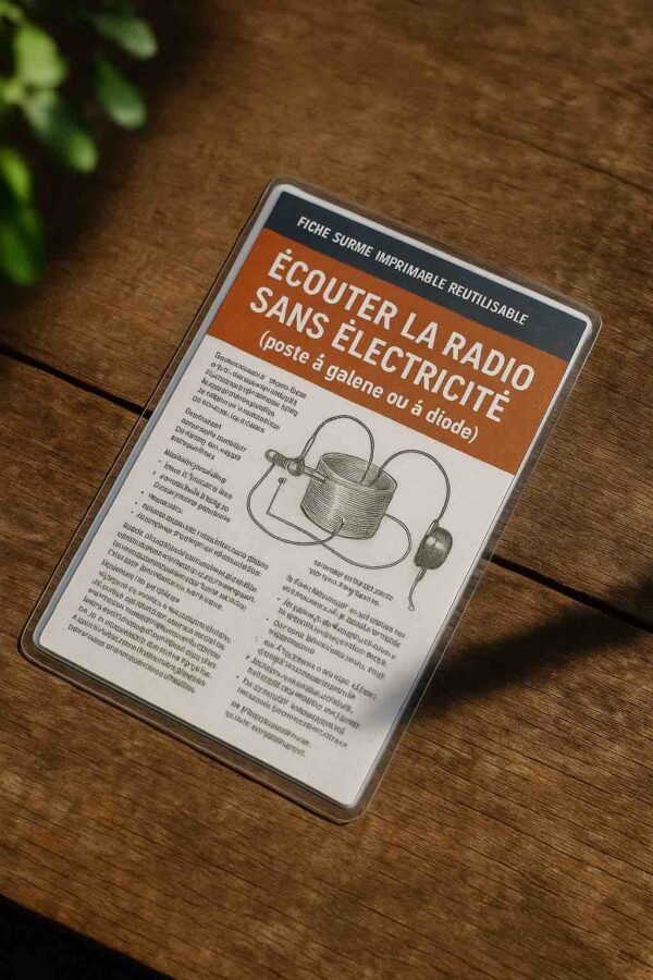 Photographie d’une fiche plastifiée en français posée sur une table en bois, avec le titre « Écouter la radio sans électricité » bien visible et un schéma d’un poste à galène, le reste du contenu étant flouté pour empêcher toute lecture directe
