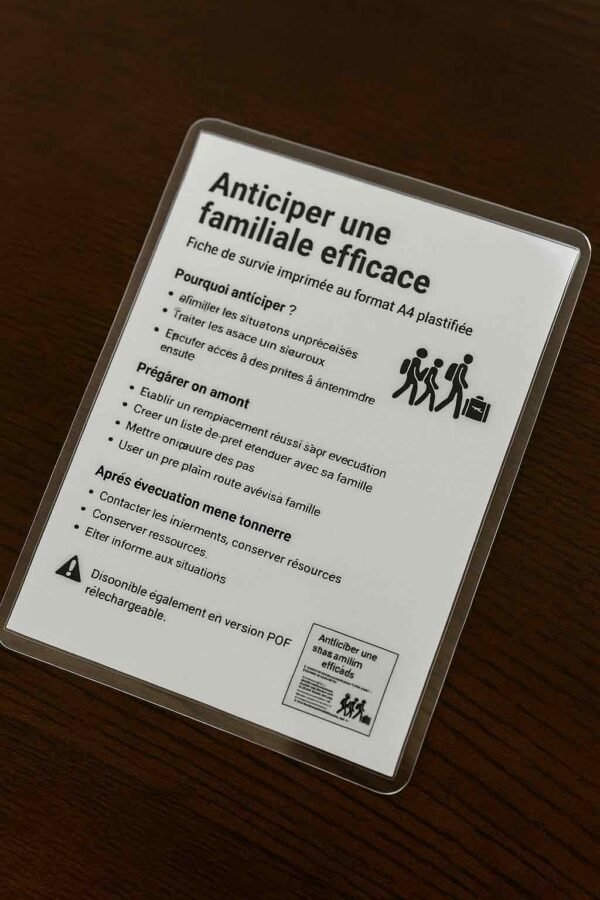 Photographie d’une fiche de survie plastifiée en français sur table en bois, illustrant un plan d’évacuation familiale stratégique sans afficher le contenu de façon lisible