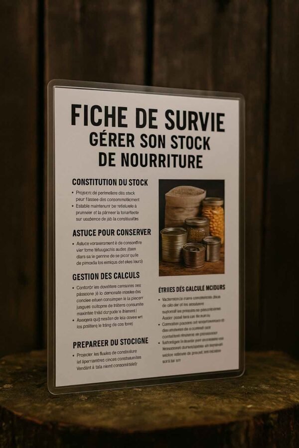 Photographie d’une fiche de survie plastifiée posée sur une table avec des provisions en arrière-plan, illustrant le thème de la préparation à un confinement soudain sans rendre le contenu lisible