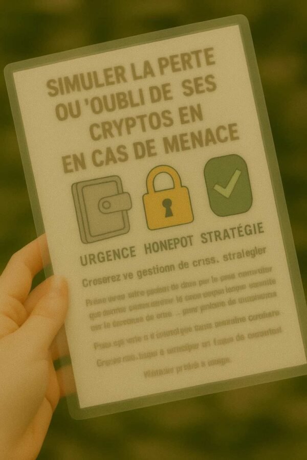 Fiche plastifiée sur fond neutre montrant les étapes pour créer un portefeuille factice en cas de menace physique ou d’extorsion