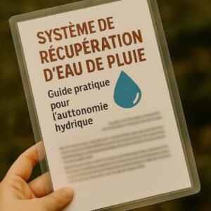 Main tenant une fiche plastifiée intitulée « Système de Récupération d’Eau de Pluie – Guide pratique pour l’autonomie hydrique », avec le texte flouté.