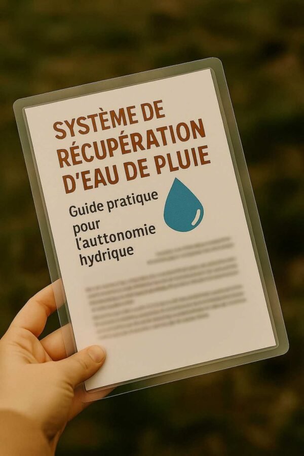 Main tenant une fiche plastifiée intitulée « Système de Récupération d’Eau de Pluie – Guide pratique pour l’autonomie hydrique », avec le texte flouté.