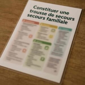 Photographie d’une fiche de survie plastifiée en français avec le titre visible « Trousse de secours familiale », posée sur un sac médical d’urgence, contenu intentionnellement flouté