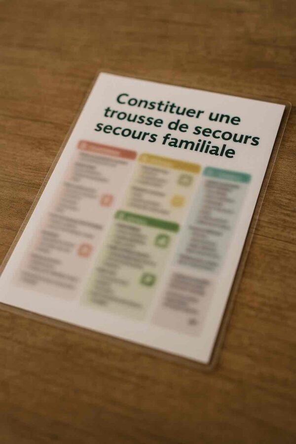 Photographie d’une fiche de survie plastifiée en français avec le titre visible « Trousse de secours familiale », posée sur un sac médical d’urgence, contenu intentionnellement flouté