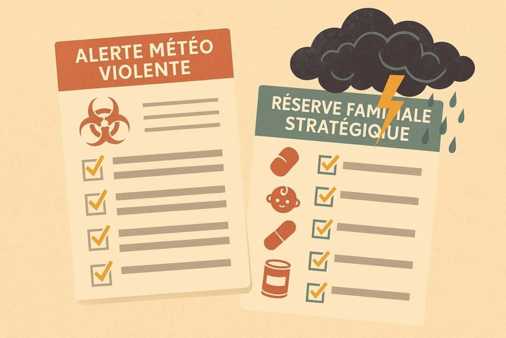 Deux fiches plastifiées côte à côte représentant une alerte météo violente et une réserve familiale stratégique en cas de confinement