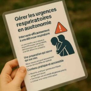 Photo d’une main tenant une fiche plastifiée illustrée, montrant un pictogramme de Heimlich et un symbole d’alerte rouge – fiche résistante conçue pour les situations d’urgence respiratoire