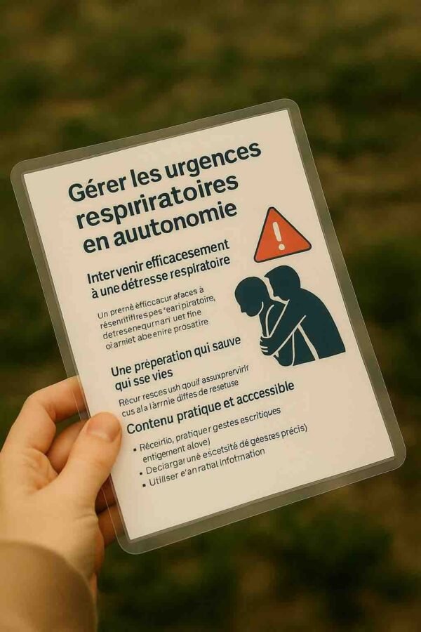Photo d’une main tenant une fiche plastifiée illustrée, montrant un pictogramme de Heimlich et un symbole d’alerte rouge – fiche résistante conçue pour les situations d’urgence respiratoire