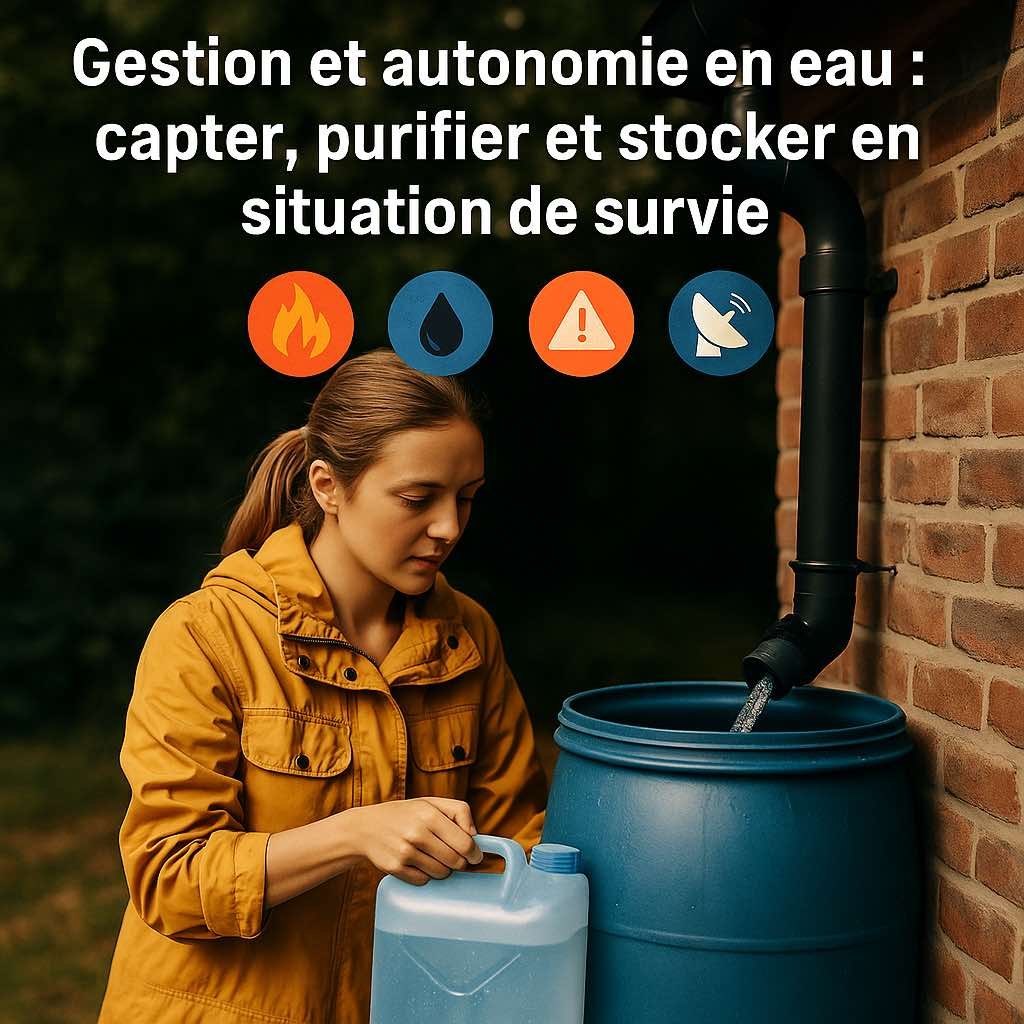 Une famille en situation de crise observe un système de récupération d’eau de pluie, entourée de bidons, filtres à charbon et réservoirs souterrains – visuel illustrant la gestion d’eau en autonomie