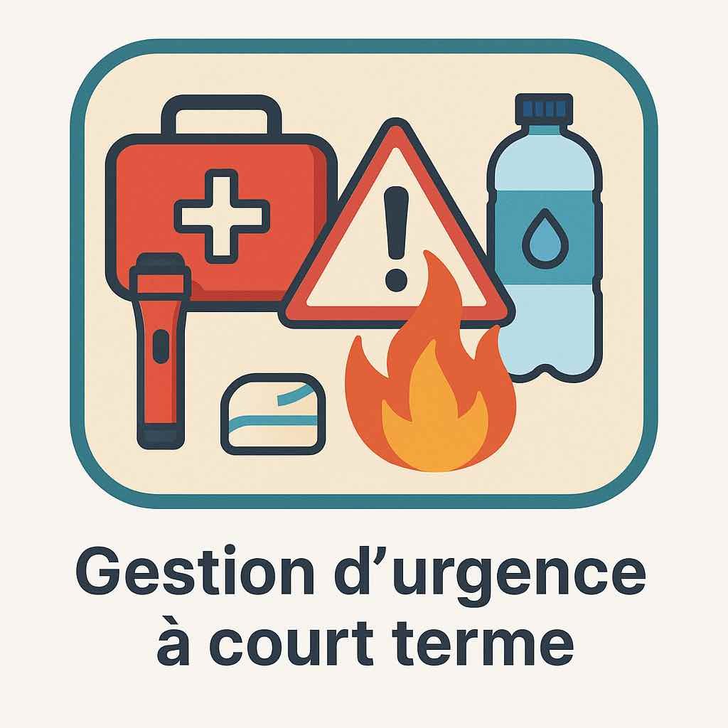 Illustration numérique stylisée avec trousse de premiers secours, bouteille d’eau, flamme et panneau d’alerte, représentant la catégorie Gestion d’urgence à court terme