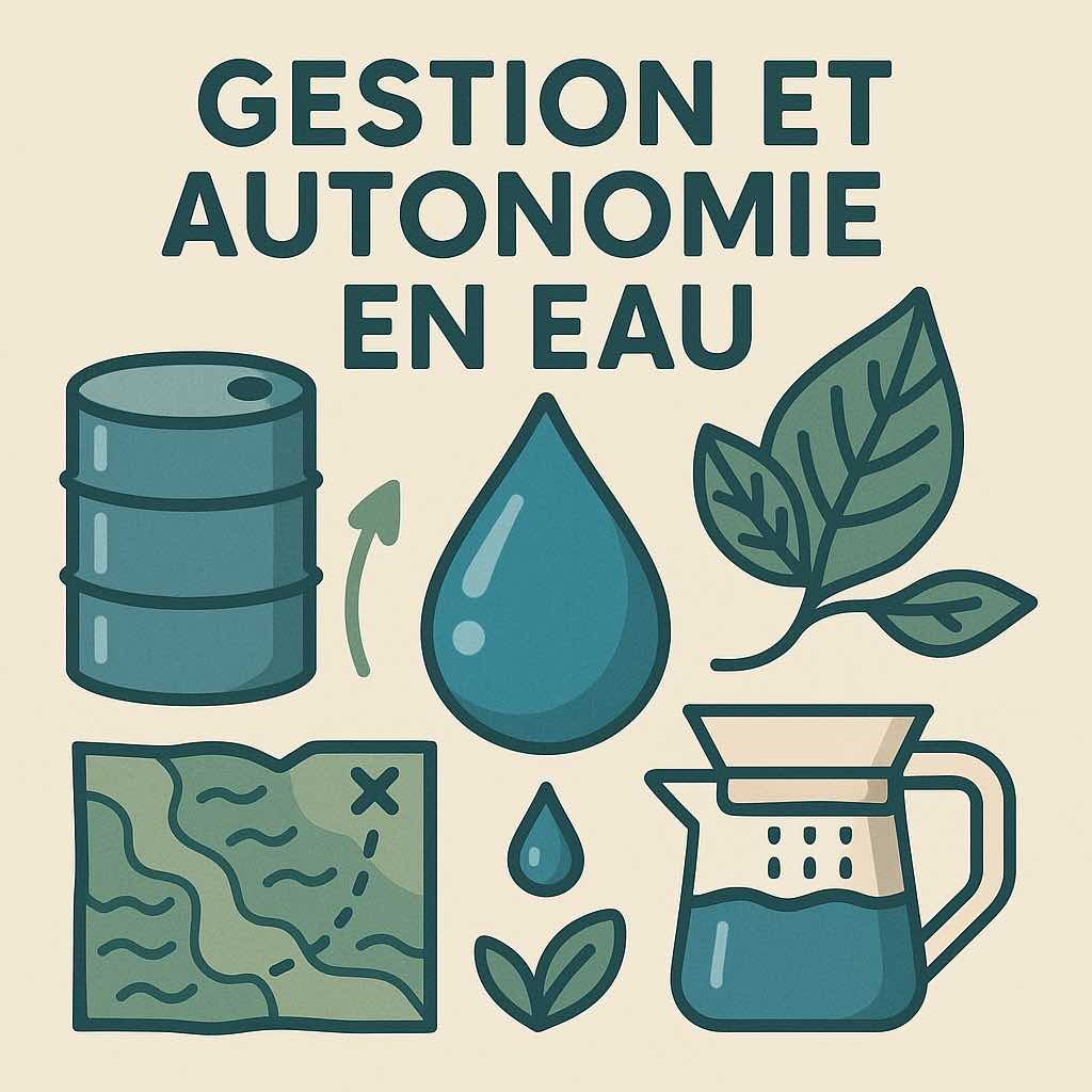 Illustration numérique stylisée représentant des éléments liés à la gestion de l’eau en autonomie : goutte d’eau, feuille, baril, carafe avec filtre, carte et flux – sur fond beige avec le titre “Gestion et autonomie en eau”