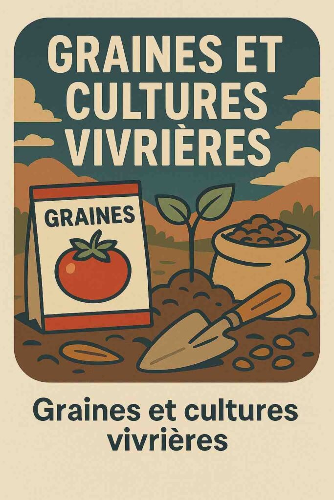 Illustration rétro d’un sachet de graines avec une tomate, une pousse, un sac de semences et une pelle sur fond de paysage agricole – Catégorie Graines et cultures vivrières