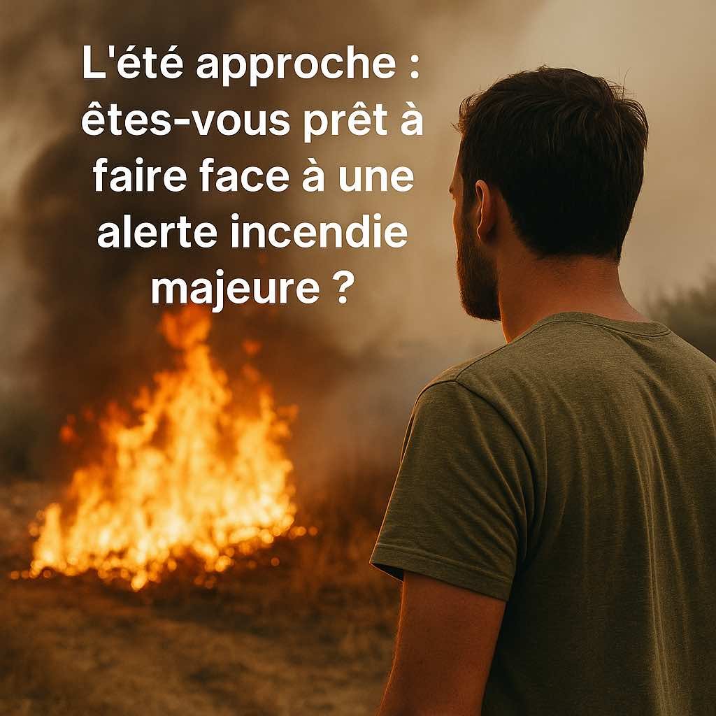 Un homme debout face à une forêt en flammes sous un ciel rouge, symbolisant l’urgence de se préparer aux incendies estivaux