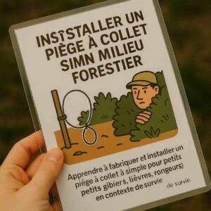 Photo d’une main tenant une fiche plastifiée illustrée avec un collet et un homme dissimulé dans un buisson – fiche résistante pour le piégeage autonome en forêt