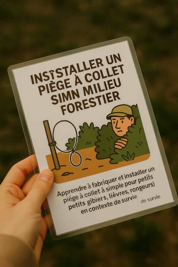 Photo d’une main tenant une fiche plastifiée illustrée avec un collet et un homme dissimulé dans un buisson – fiche résistante pour le piégeage autonome en forêt