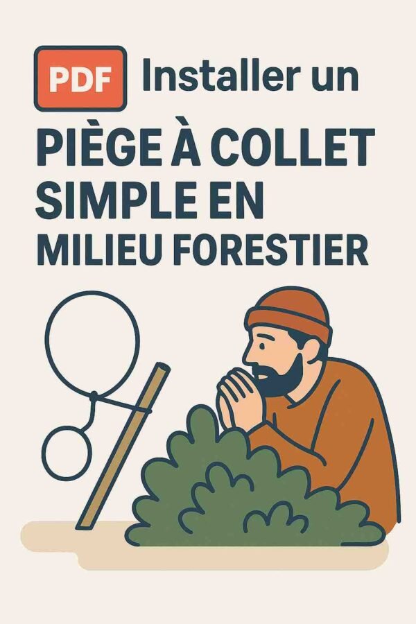 Illustration d’une fiche PDF avec un piège à collet et un homme caché derrière un buisson, en observation – fiche pratique pour le piégeage autonome en forêt