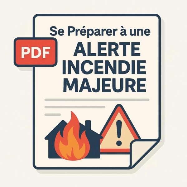Illustration numérique d’un guide PDF intitulé « Se préparer à une alerte incendie majeure », avec des symboles de feu stylisés et une mise en page épurée