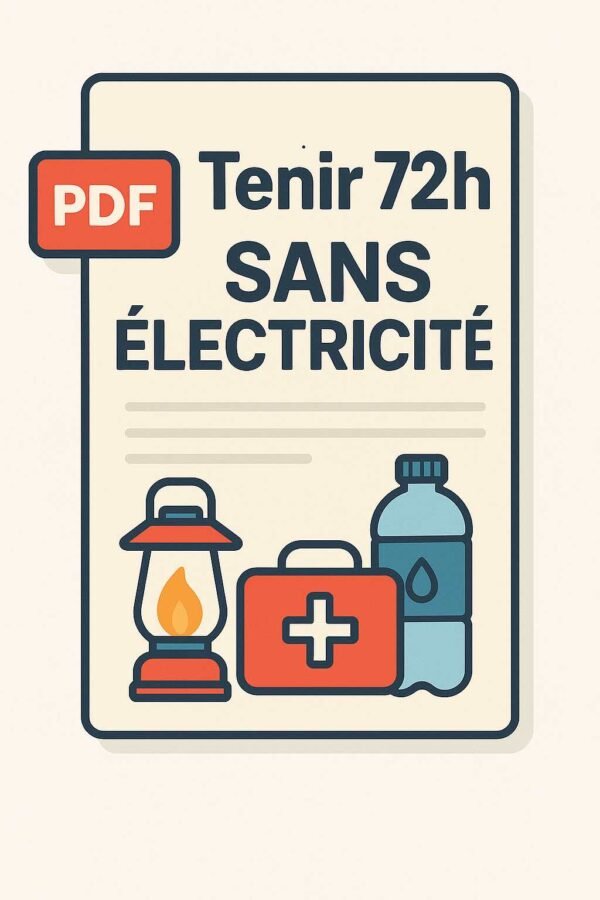 Illustration numérique à plat représentant une fiche PDF sur la survie sans électricité, avec des icônes de bougies, de radio à piles et de boîte de conserve.