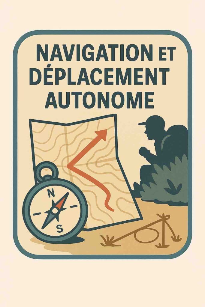 Illustration vintage d’une carte dépliée, boussole, bottes de marche et repères naturels – catégorie dédiée aux techniques de déplacement sans technologie