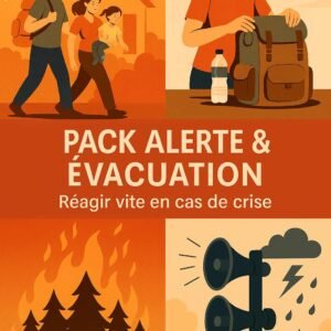 Illustration de quatre situations d'urgence : évacuation d'une famille, préparation d'un sac d'urgence, incendie de forêt et alerte météo