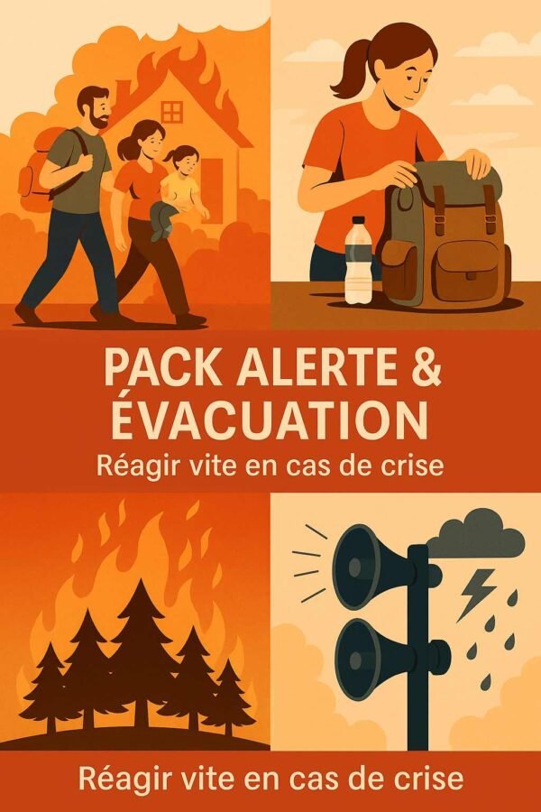 Illustration de quatre situations d'urgence : évacuation d'une famille, préparation d'un sac d'urgence, incendie de forêt et alerte météo