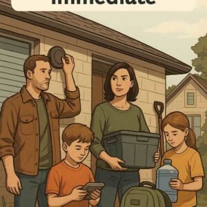 Illustration d’une famille préparant leur maison avec des réserves d’eau, de nourriture et d’information pour faire face à une crise imminente.
