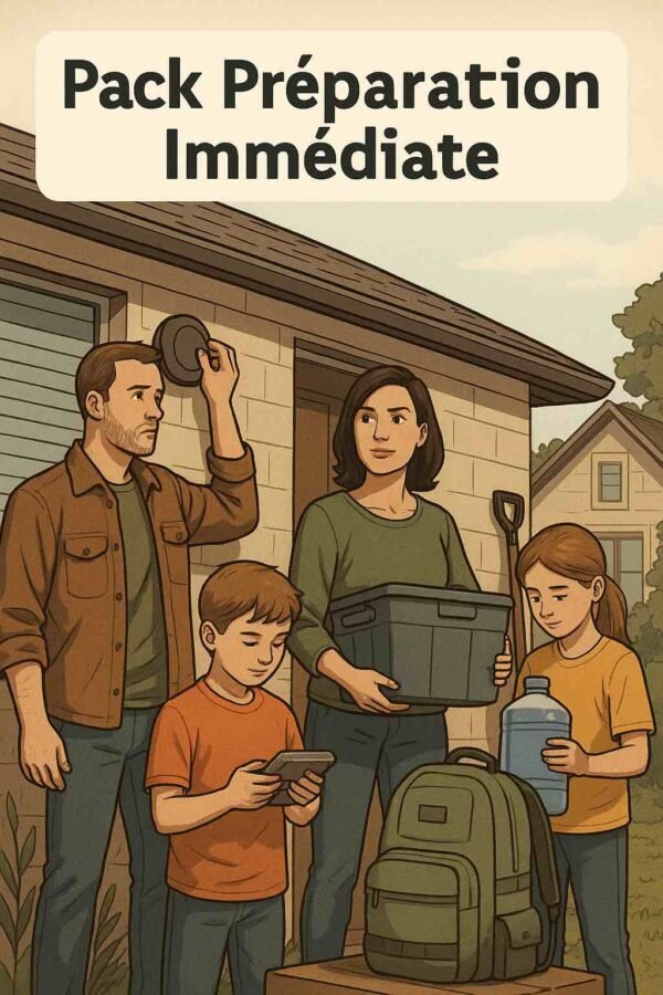 Illustration d’une famille préparant leur maison avec des réserves d’eau, de nourriture et d’information pour faire face à une crise imminente.