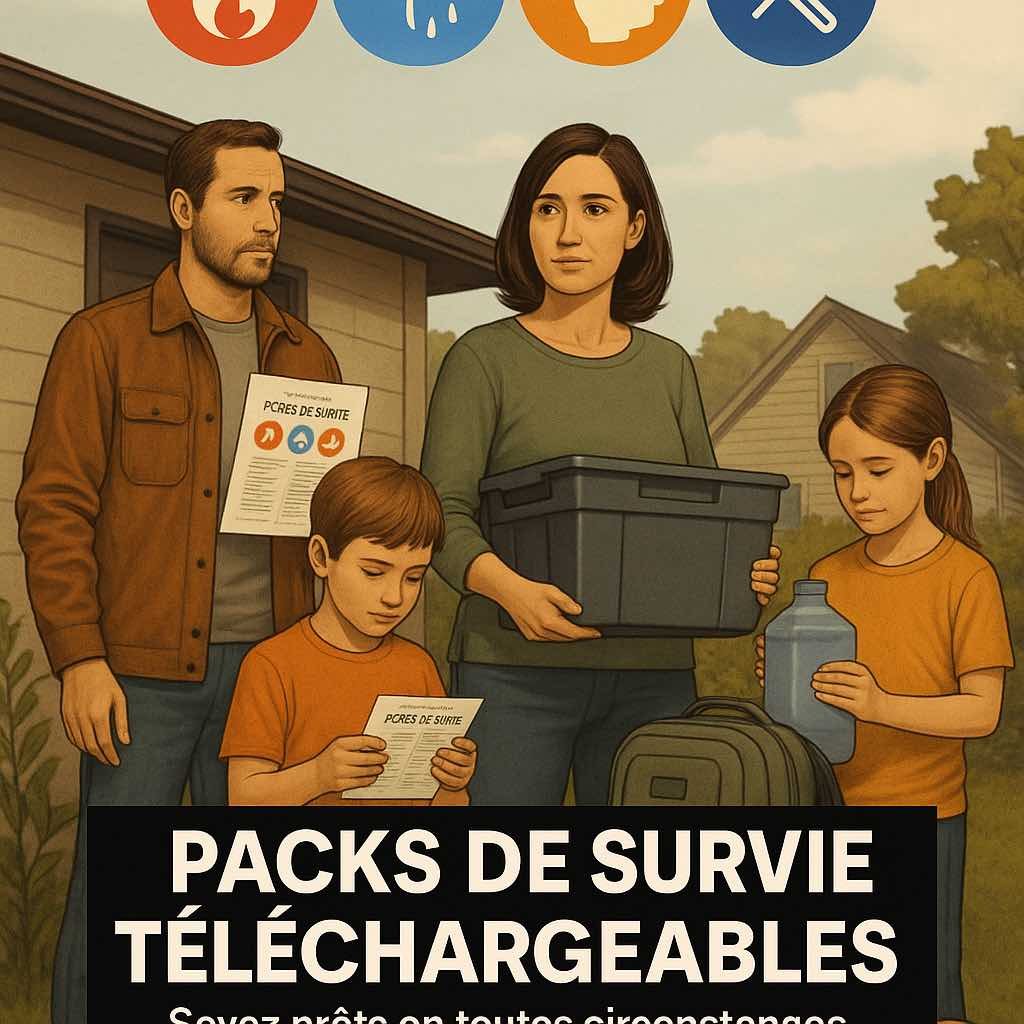 Illustration de deux familles se préparant à une crise, avec des fiches de survie en main, symbolisant les packs téléchargeables de la Bibliothèque de l’Apocalypse
