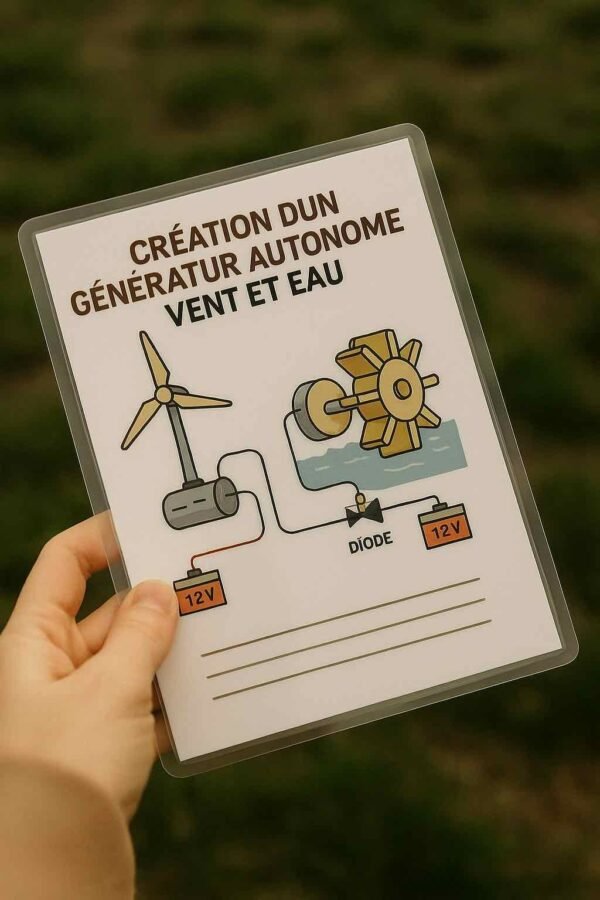 Un guide plastifié en français tenu par une main masculine, illustrant les étapes pour fabriquer un générateur domestique à énergie éolienne et hydraulique