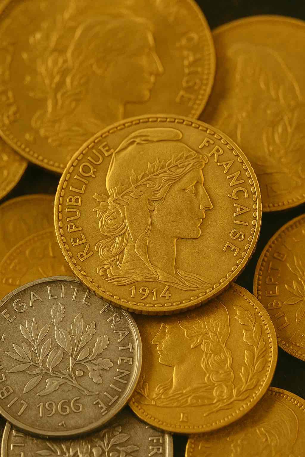 Gros plan sur des pièces d’or françaises de type Napoléon et une pièce d’argent “Liberté Égalité Fraternité”, illustrant une réserve tangible en période d’effondrement