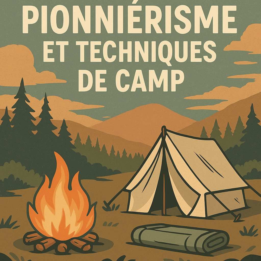 Illustration numérique stylisée représentant un campement autonome avec feu de camp, outils manuels et sac de randonnée – catégorie Pionniérisme et techniques de camp
