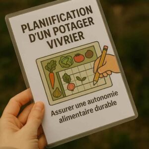 Photo d’une main tenant une fiche plastifiée avec un plan de jardin illustré et des légumes colorés – fiche résistante pour organiser un potager vivrier en autonomie