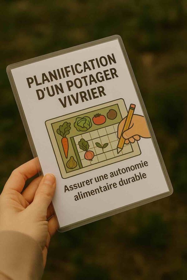 Photo d’une main tenant une fiche plastifiée avec un plan de jardin illustré et des légumes colorés – fiche résistante pour organiser un potager vivrier en autonomie