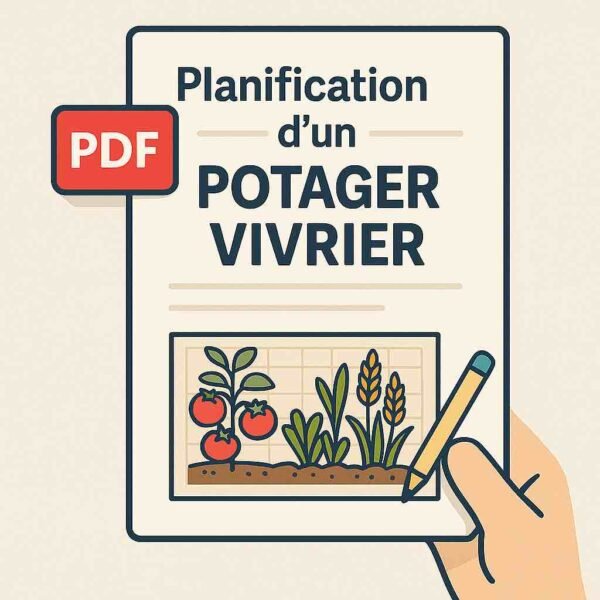 Illustration d’une fiche PDF avec un plan de potager, des légumes dessinés et un crayon tenu par une main – guide visuel pour organiser un potager vivrier en autonomie