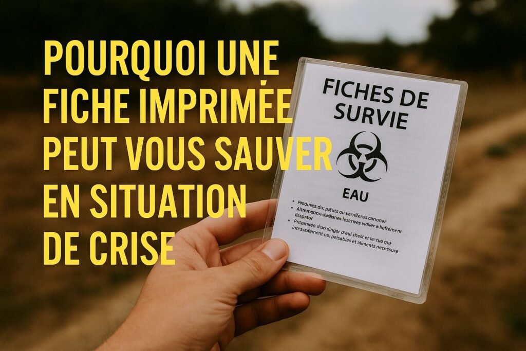 Fiche de survie plastifiée tenue en main en pleine nature avec texte : Pourquoi une fiche imprimée peut vous sauver en situation de crise" title="Pourquoi une fiche imprimée peut vous sauver en situation de crise