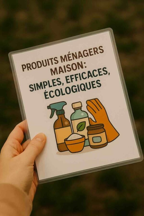 Photo d’une main tenant une fiche plastifiée illustrée, avec bouteilles en verre, brosse et ingrédients naturels – fiche résistante pour fabriquer ses produits ménagers en autonomie