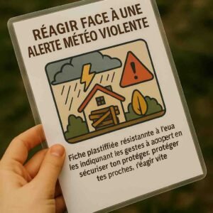Photo d’une main tenant une fiche plastifiée illustrée avec une maison barricadée, un éclair et un symbole d’alerte rouge – fiche résistante pour agir en cas de tempête ou d’intempéries majeures