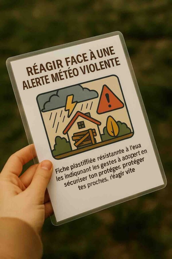 Photo d’une main tenant une fiche plastifiée illustrée avec une maison barricadée, un éclair et un symbole d’alerte rouge – fiche résistante pour agir en cas de tempête ou d’intempéries majeures