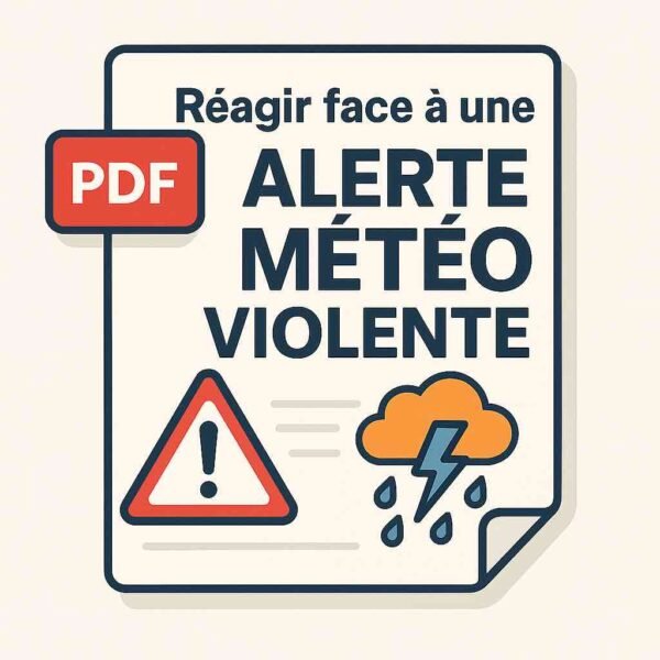 Illustration d’une fiche PDF avec nuage d’orage, éclair, maison barricadée et icône d’alerte – guide visuel pour se préparer à une tempête ou une inondation