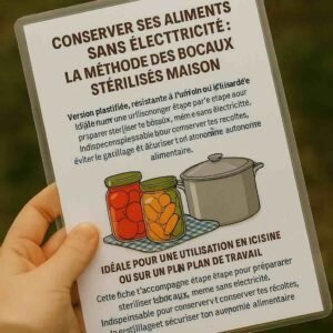 Photo d’une fiche plastifiée illustrée, montrant des bocaux stérilisés alignés sur une table, avec pictogrammes étape par étape – fiche résistante pour conserver les aliments sans électricité