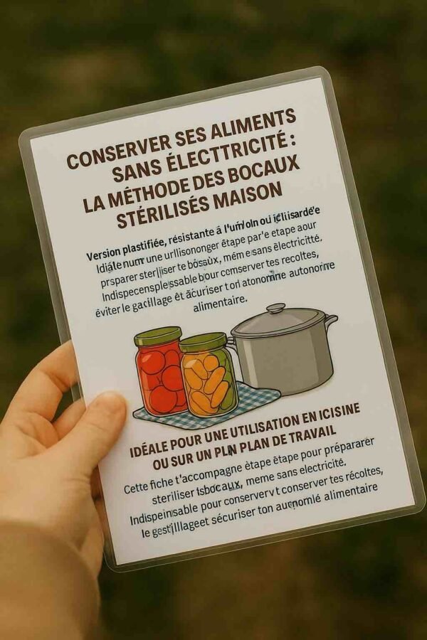 Photo d’une fiche plastifiée illustrée, montrant des bocaux stérilisés alignés sur une table, avec pictogrammes étape par étape – fiche résistante pour conserver les aliments sans électricité