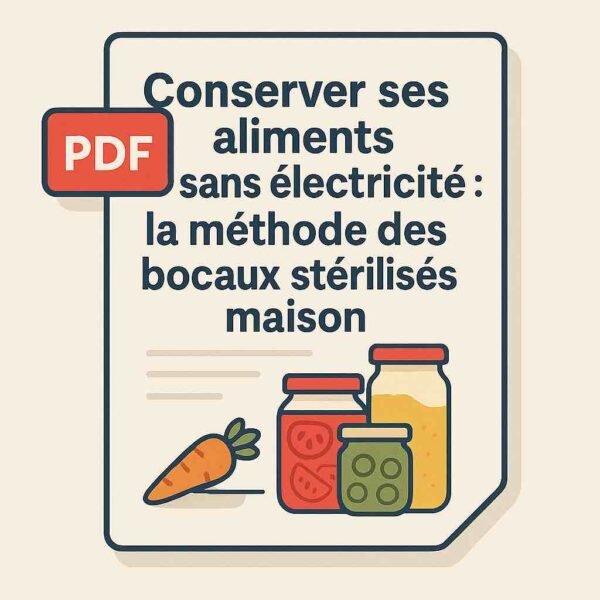Illustration d’une fiche PDF montrant des bocaux stérilisés remplis de légumes colorés, un torchon et une marmite – guide pratique pour conserver ses aliments sans frigo